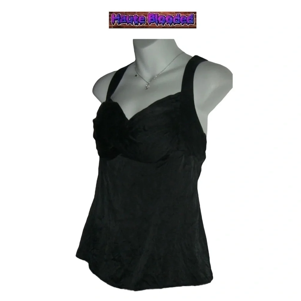 y2k bebe Black Crepe Silk Tank Top Sexy Cami Silver Ring Crinkle 00's 90's Club - Picture 3 of 10